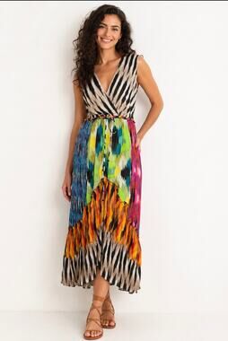 Boho Colorful Med Zebra Patchwork Tropical Lightweight V-Neck Resort Maxi Dress